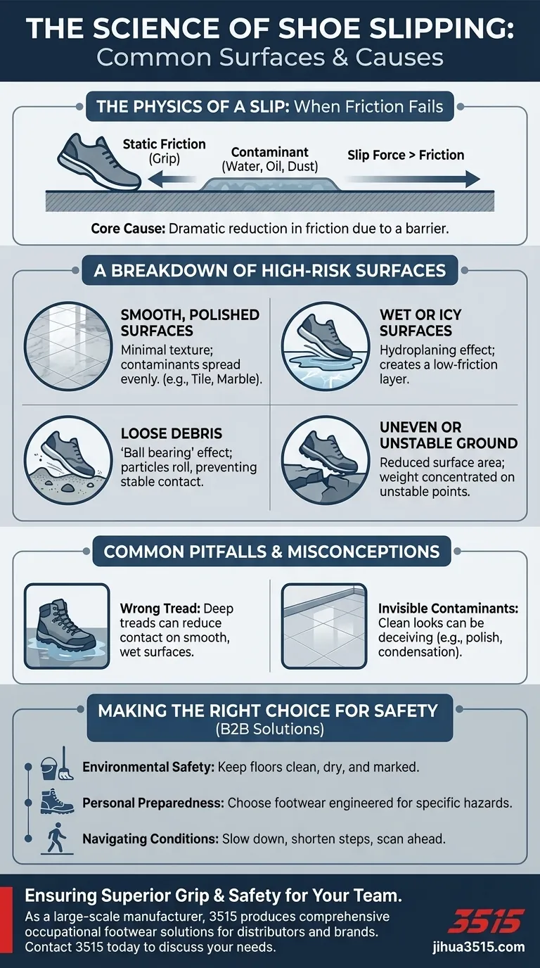 Quali sono alcune superfici comuni che causano lo scivolamento delle scarpe? Come prevenire cadute pericolose Guida Visiva