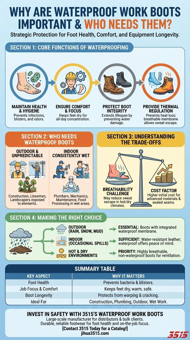 Pourquoi les bottes de travail imperméables sont-elles importantes et qui devrait les utiliser ? Protection essentielle des pieds pour le travail en extérieur et dans des conditions humides Guide Visuel