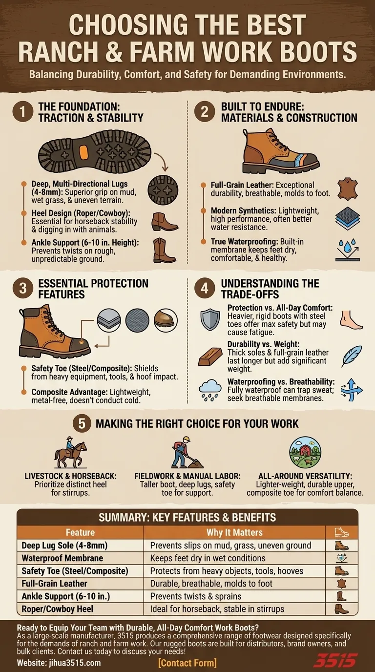 Quelles caractéristiques les ouvriers d'élevage/agricoles doivent-ils rechercher dans leurs bottes de travail ? Trouvez la coupe parfaite pour la durabilité et la sécurité. Guide Visuel