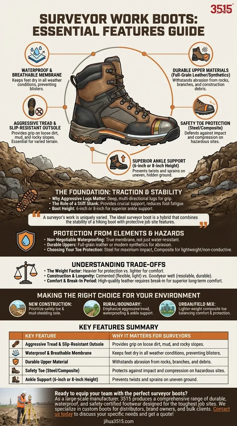 Quelles caractéristiques les arpenteurs doivent-ils rechercher dans leurs bottes de travail ? Durabilité essentielle, adhérence et protection. Guide Visuel