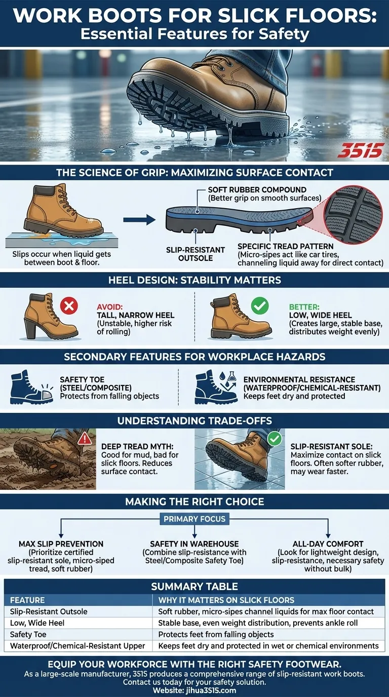 What features should workers on slick floors look for in work boots? Maximize Safety & Stability Visual Guide