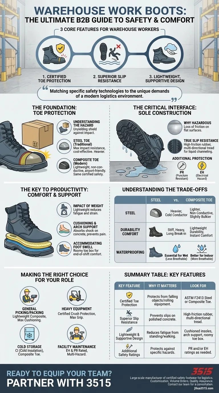 На какие особенности следует обратить внимание работникам склада при выборе рабочей обуви? Приоритет безопасности, сопротивления скольжению и комфорта в течение всего дня Визуальное руководство