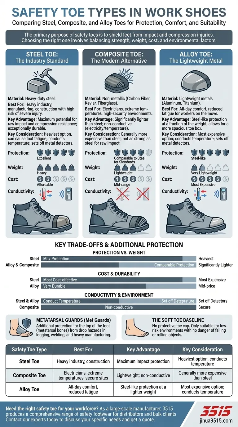 What are the common safety toe types available in work shoes? Steel, Composite & Alloy Explained Visual Guide