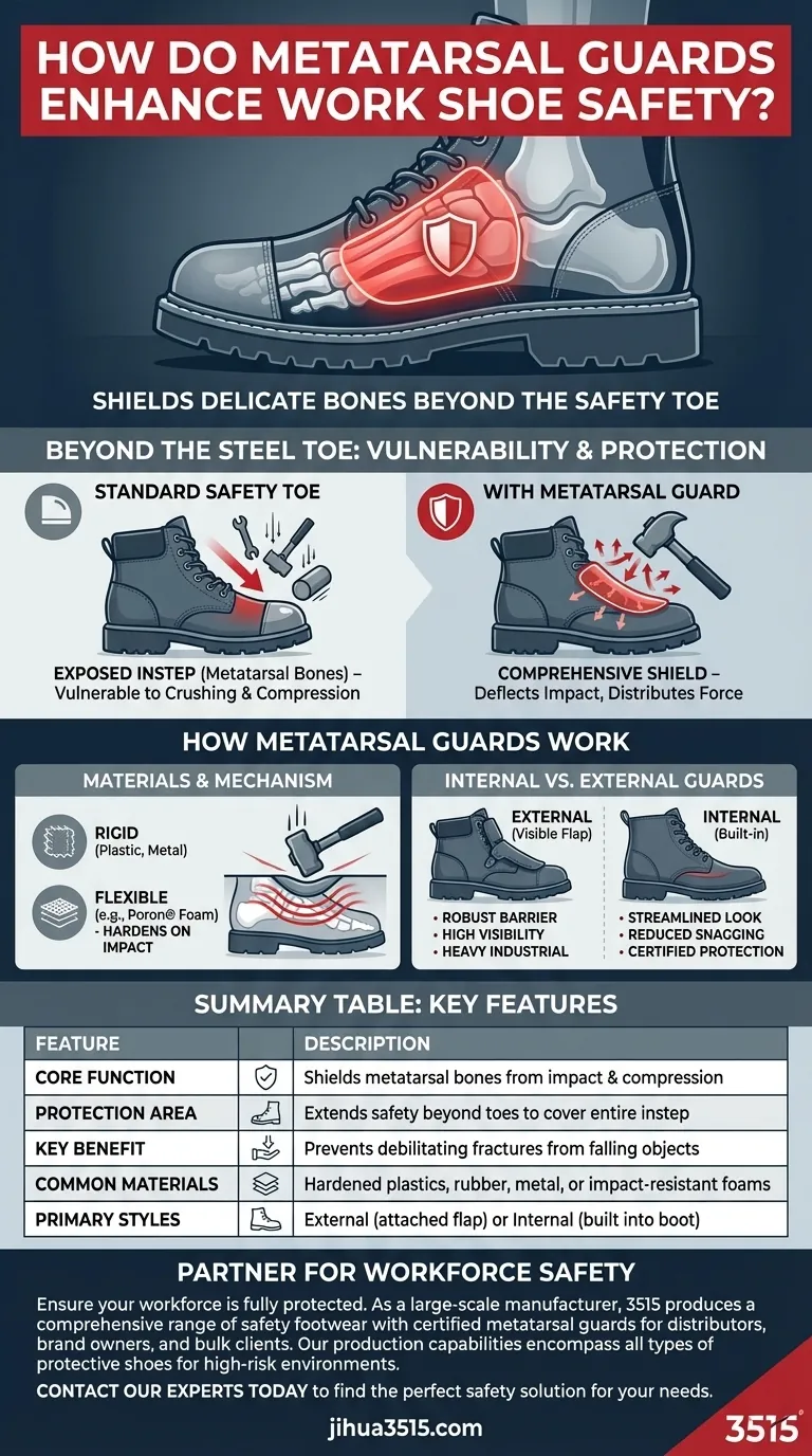 Come le protezioni metatarsali migliorano la sicurezza delle calzature da lavoro? Prevenire infortuni da schiacciamento del piede sul lavoro Guida Visiva