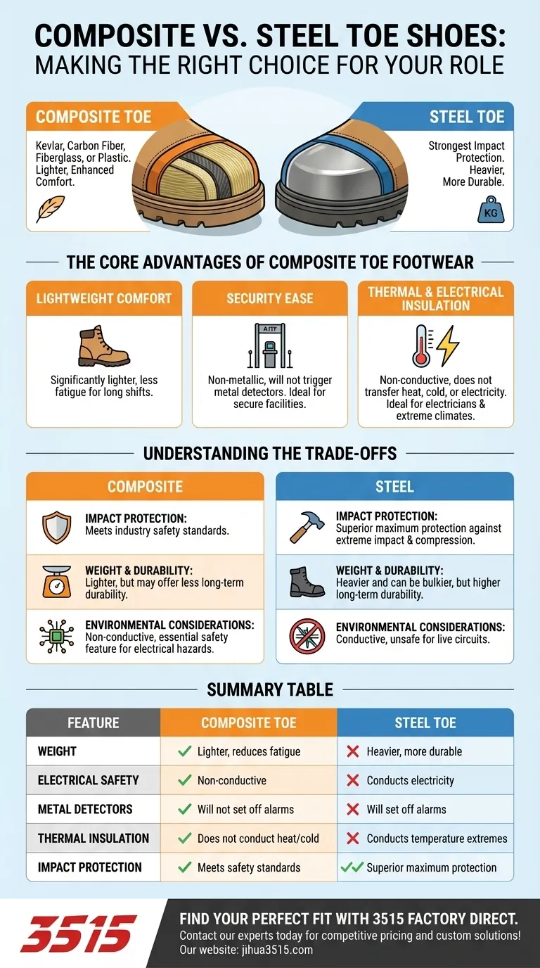 Pourquoi choisir des chaussures à embout composite ? Sécurité légère et non conductrice pour les longs quarts de travail. Guide Visuel