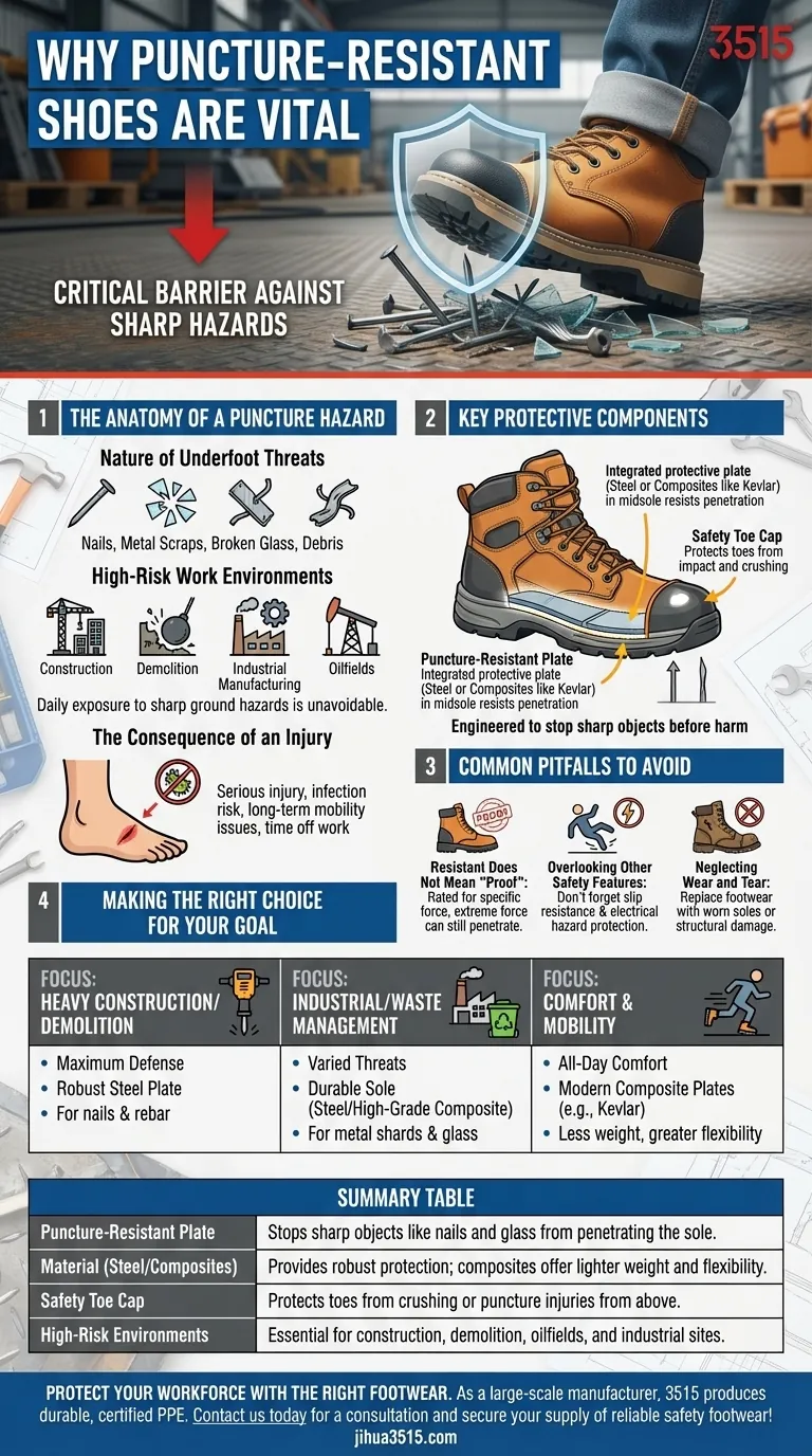 Why are puncture-resistant shoes important in certain jobs? Essential Protection for High-Risk Work Visual Guide