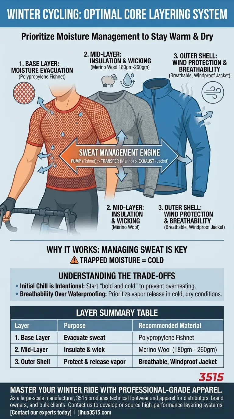 Que recommande-t-on pour le torse lors de l'habillage pour le cyclisme hivernal ? Le système de superposition ultime pour rester au sec et au chaud Guide Visuel