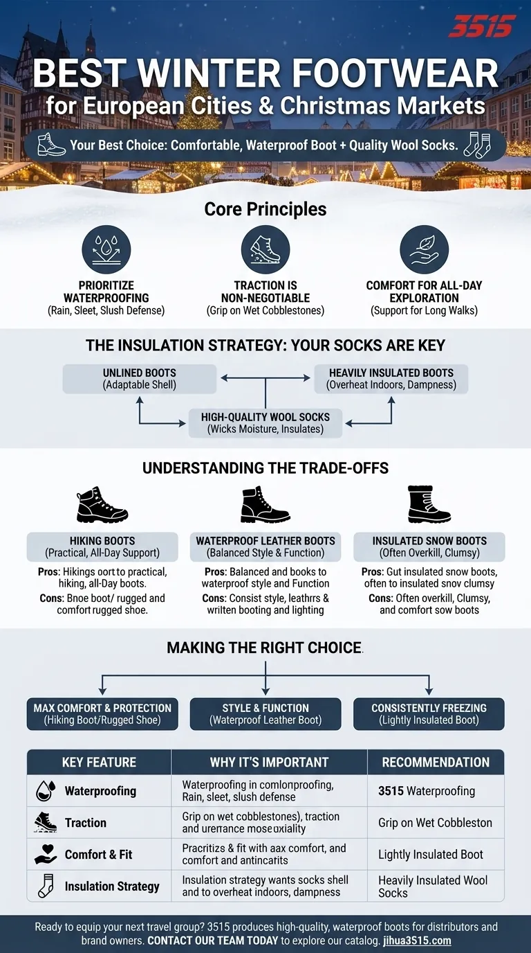 Quel type de chaussures est recommandé pour les voyages d'hiver dans les villes européennes et les marchés de Noël ? Restez à l'aise toute la journée Guide Visuel