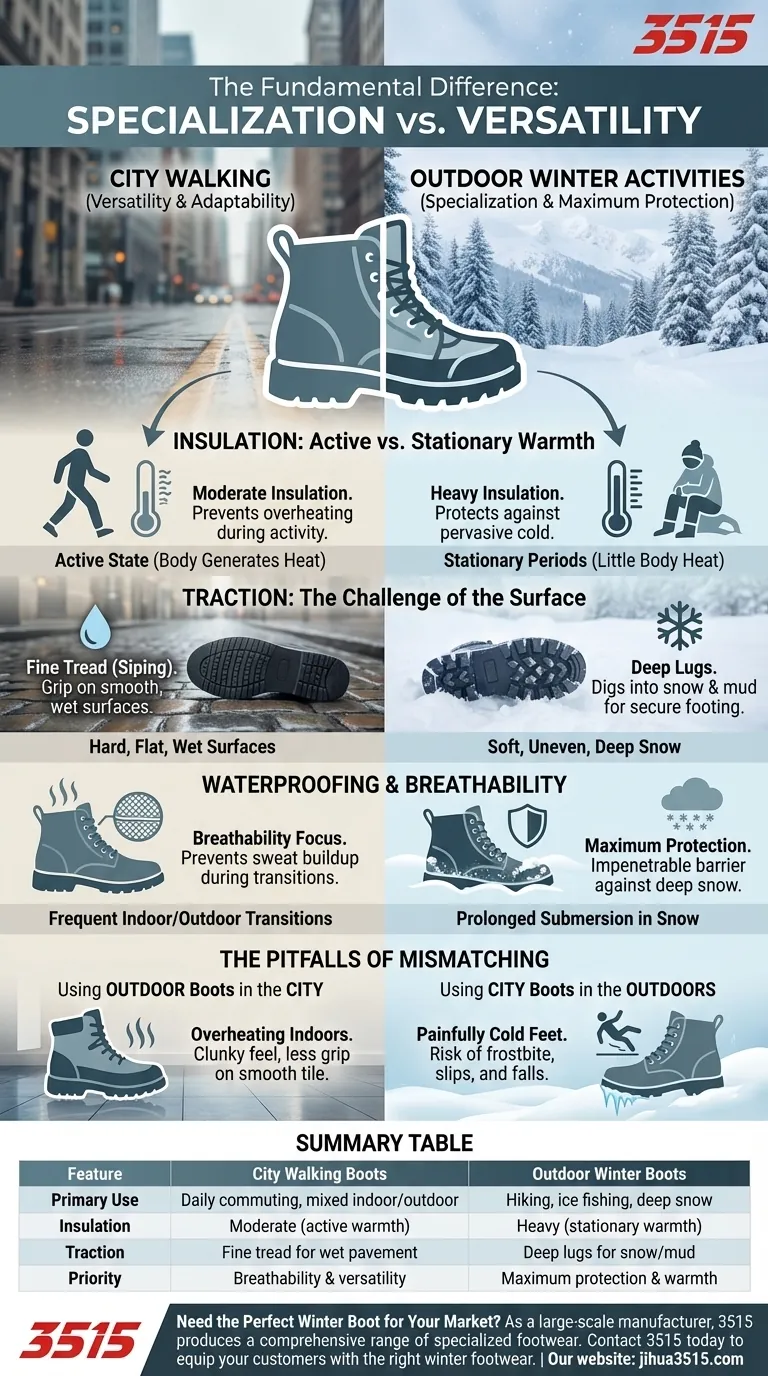 Comment les besoins en matière de chaussures diffèrent-ils entre la marche en ville et les activités hivernales en extérieur ? Choisissez la bonne botte d'hiver Guide Visuel