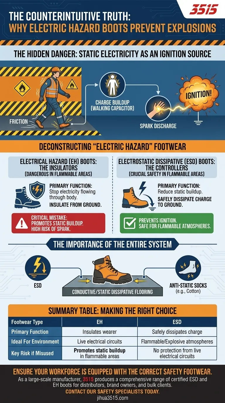 ¿Por qué se recomiendan las botas de protección contra riesgos eléctricos en entornos explosivos? Para prevenir chispas estáticas Guía Visual