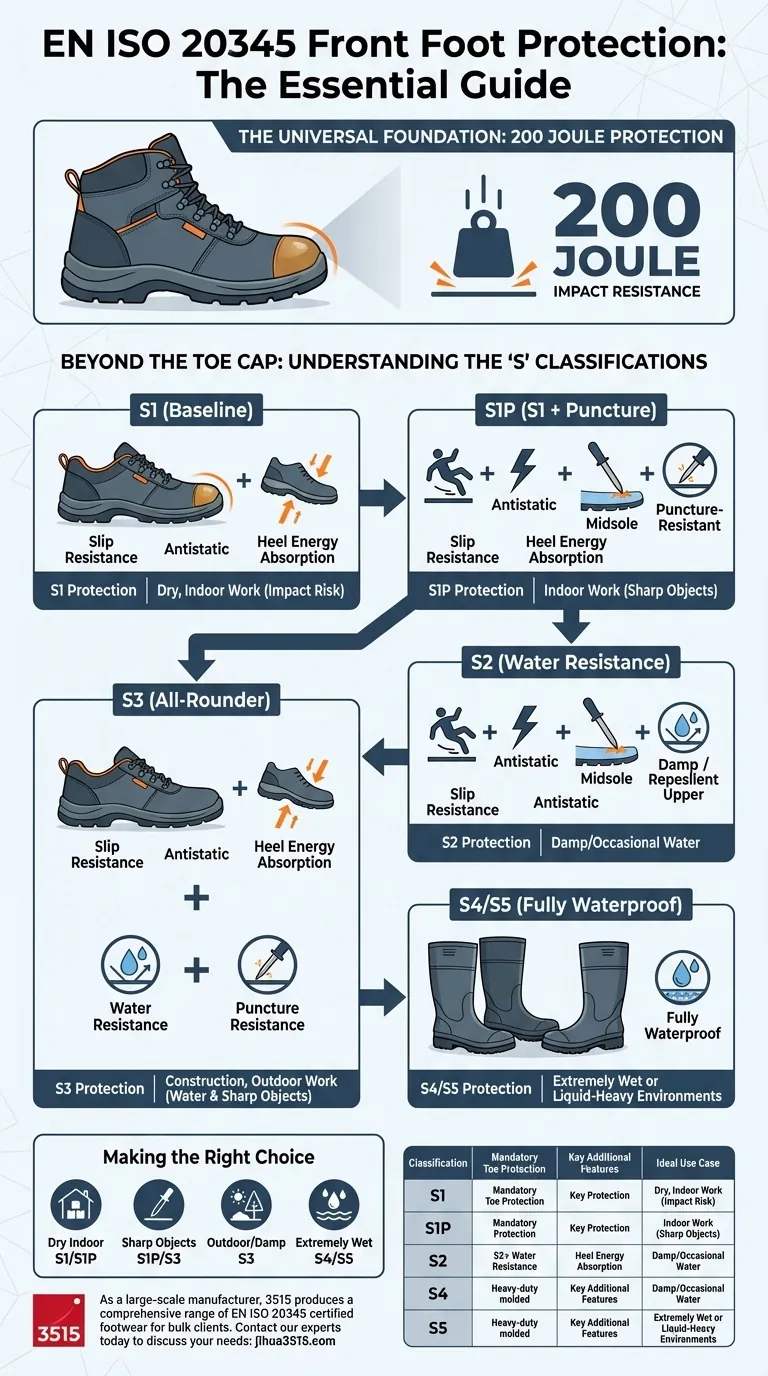 Qual è il requisito per la protezione della parte anteriore del piede secondo la norma EN ISO 20345? La norma di sicurezza da 200 Joule spiegata Guida Visiva