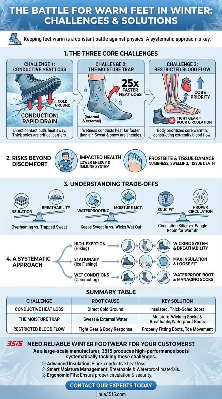 ¿Qué desafíos implica mantener los pies calientes en invierno? Domina la humedad, el aislamiento y la circulación Guía Visual