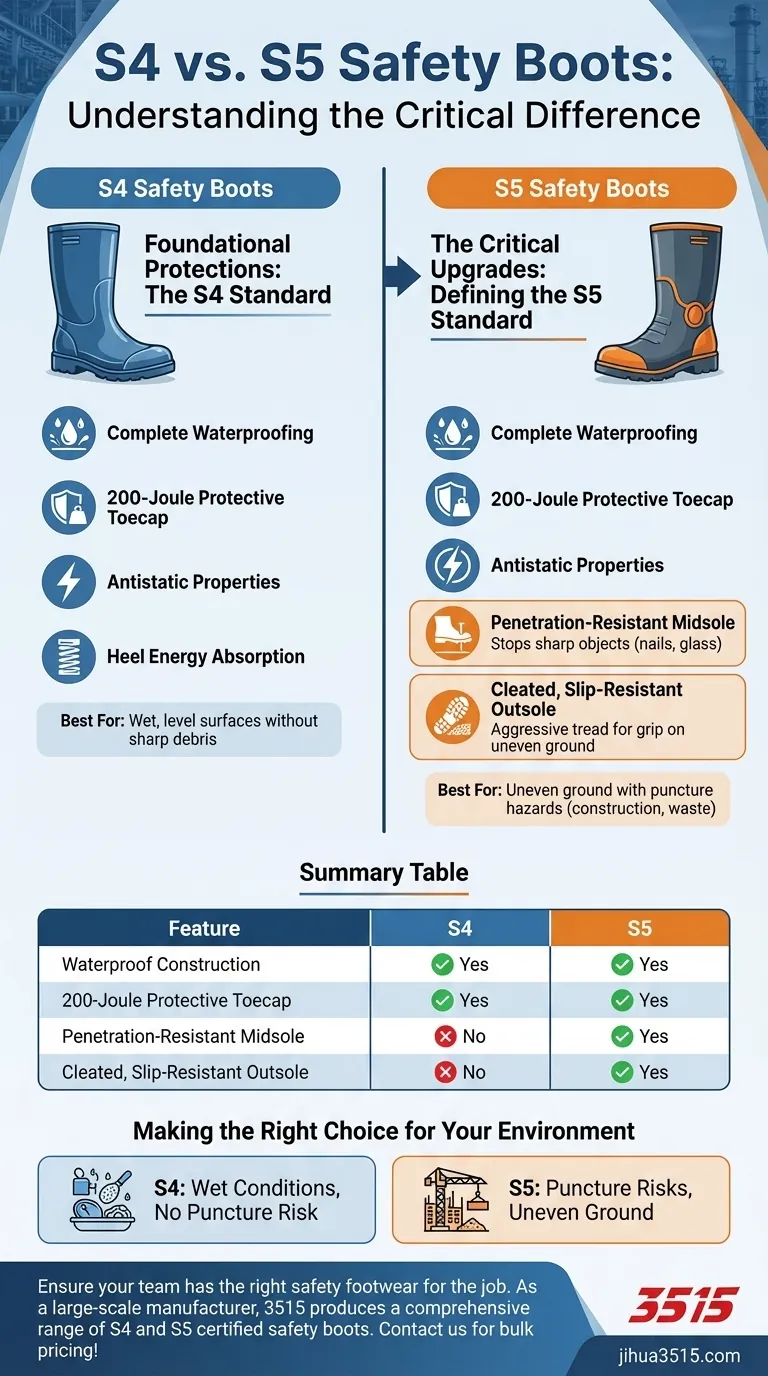 Quelles sont les caractéristiques supplémentaires des bottes de sécurité S5 par rapport aux S4 ? Résistance accrue à la perforation et au glissement pour les sites dangereux Guide Visuel