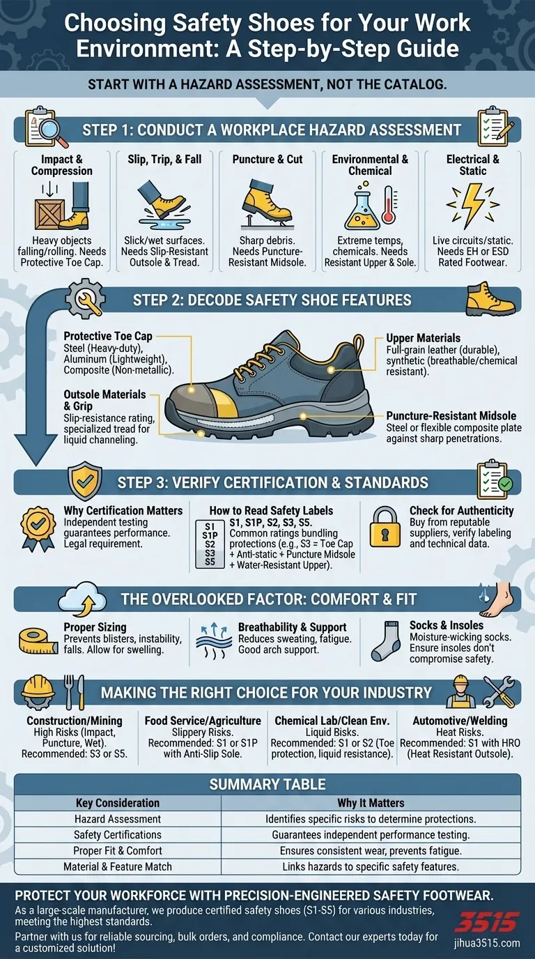 Что следует учитывать при выборе защитной обуви для конкретной рабочей среды? Руководство по идеальному соответствию опасностей и характеристик Визуальное руководство