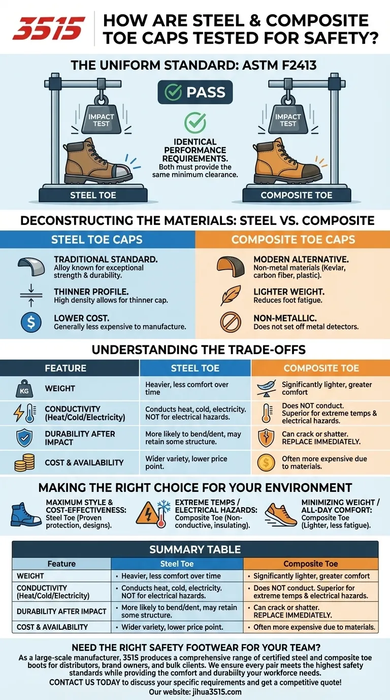 ¿Cómo se prueban las punteras de acero y composite para garantizar su seguridad? Descubra el estándar uniforme Guía Visual