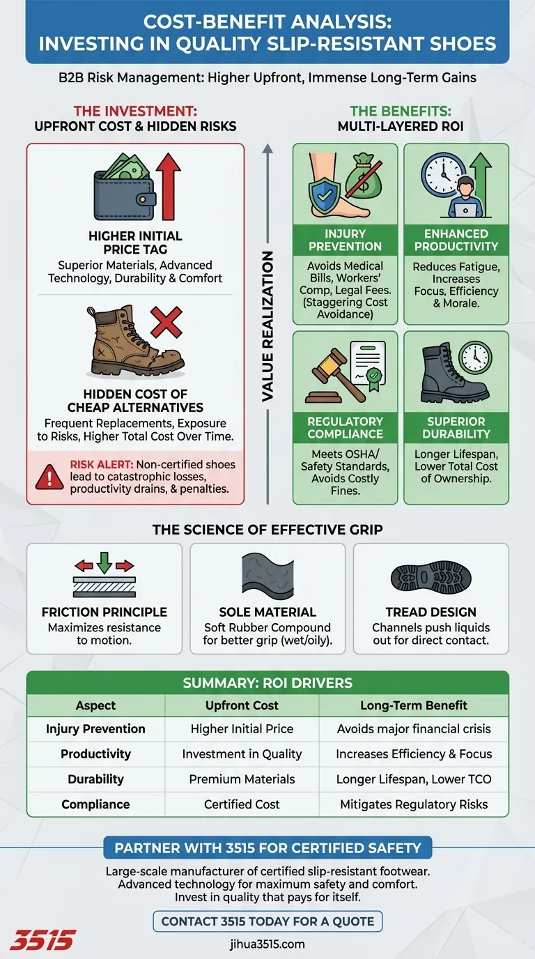 What is the cost-benefit analysis of investing in quality slip resistant shoes? A Smart Investment for Safety & Savings Visual Guide