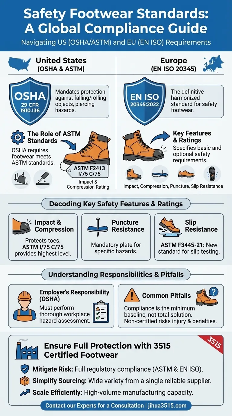 Какой стандарт регулирует требования к защитной обуви? Руководство по OSHA и EN ISO 20345 Визуальное руководство