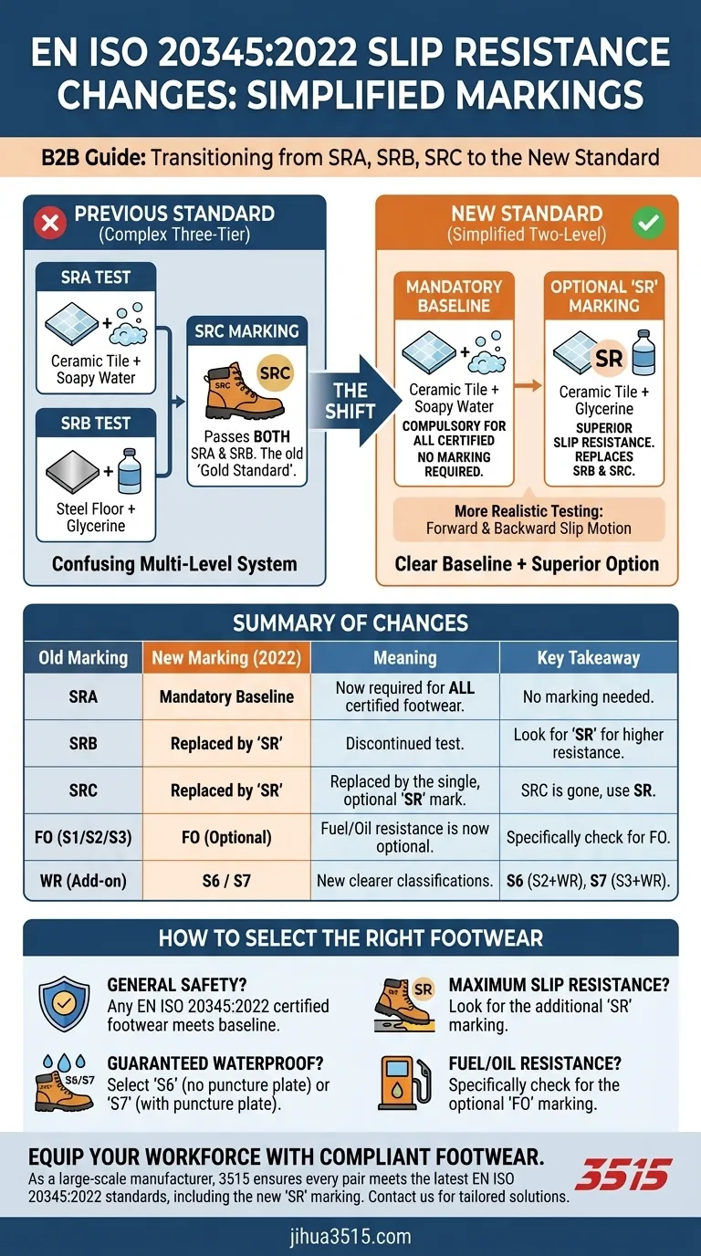 Quels sont les changements apportés aux marquages de résistance au glissement dans la norme EN ISO 20345:2022 ? Un guide du nouveau marquage SR Guide Visuel