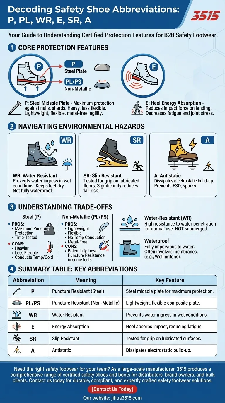 Que signifient les abréviations courantes pour les chaussures de sécurité telles que P, PL et WR ? Décryptez la protection de vos chaussures. Guide Visuel