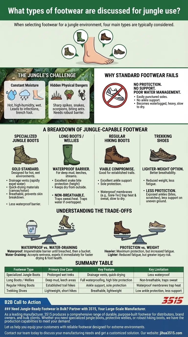 Quels types de chaussures sont abordés pour une utilisation en jungle ? Choisissez la meilleure botte pour un terrain humide et dangereux Guide Visuel