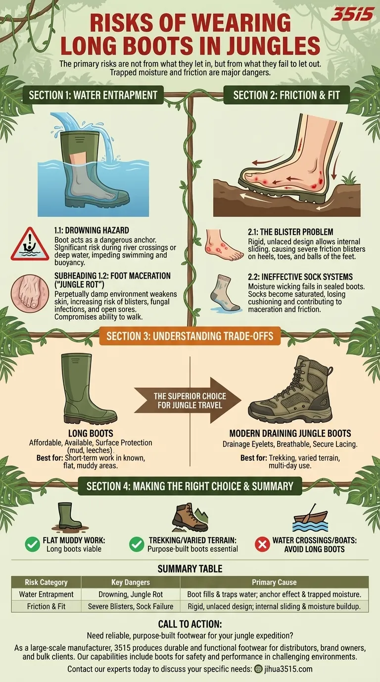Quels sont les risques liés au port de bottes hautes en jungle ? Éviter la noyade et la macération des pieds Guide Visuel