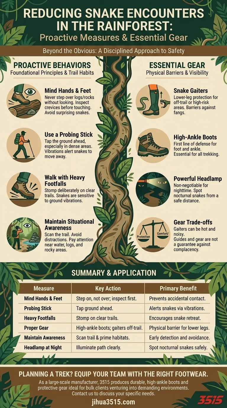 ما هي الإجراءات الإضافية التي يمكن أن تقلل من احتمالية مواجهة الثعابين في الغابات المطيرة؟ عادات استباقية أساسية دليل مرئي