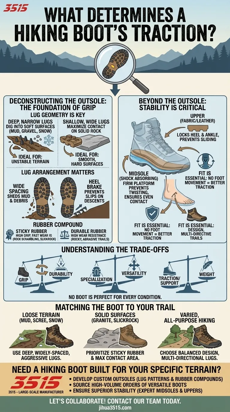 Quels facteurs déterminent l'adhérence d'une chaussure de randonnée ? Adaptez votre chaussure au sentier pour une adhérence optimale. Guide Visuel