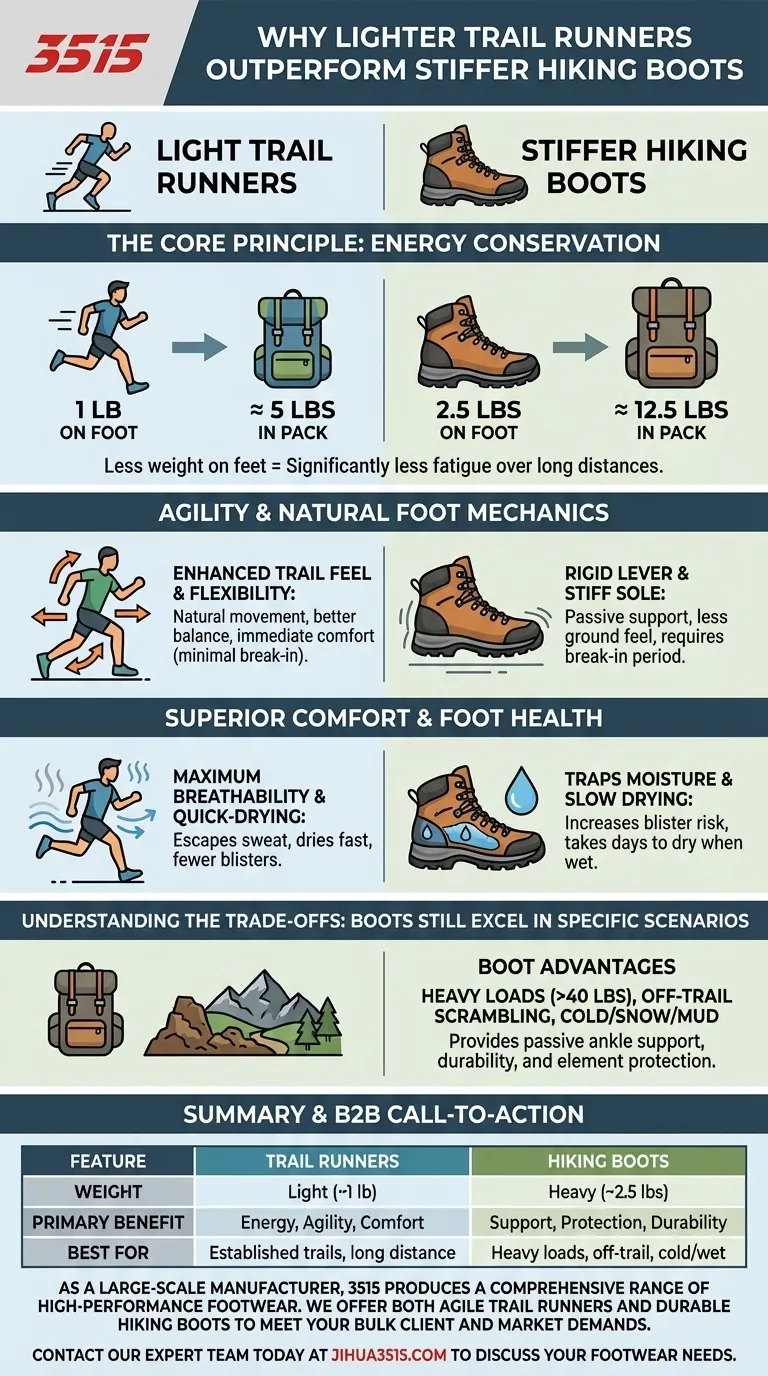 Pourquoi l'article recommande-t-il des chaussures de trail plus légères plutôt que des chaussures de randonnée plus rigides ? Réduisez la fatigue et améliorez les performances de randonnée Guide Visuel