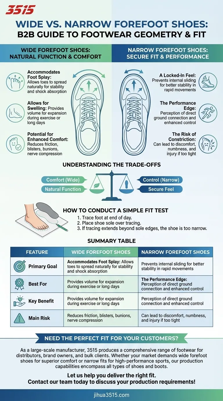 Quelles sont les différences entre les chaussures à avant-pied large et étroit ? Trouvez la coupe parfaite pour le confort et la performance. Guide Visuel