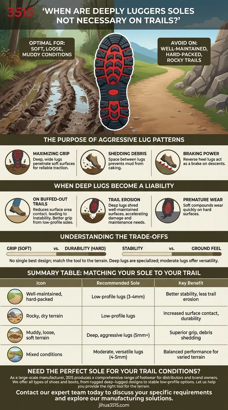 Quand les semelles de chaussures à crampons profonds ne sont-elles pas nécessaires sur les sentiers ? Optimisez votre adhérence et votre impact sur le sentier. Guide Visuel