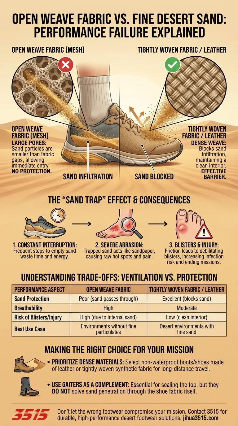 Como o tecido de trama aberta se comporta em ambientes desérticos com areia fina? Ele falha, causando desconforto e lesões graves. Guia Visual