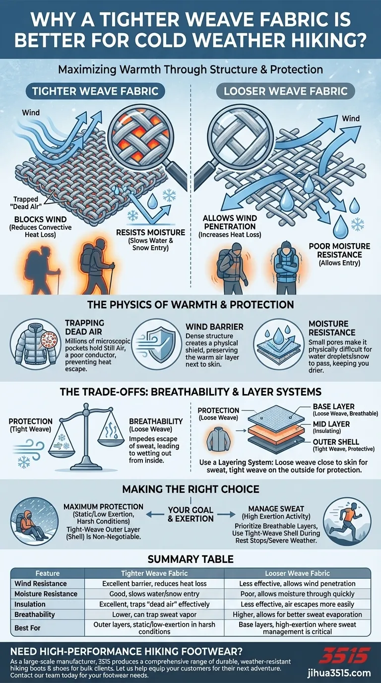 Pourquoi un tissu à tissage plus serré est-il préférable pour la randonnée par temps froid ? Il retient la chaleur, bloque le vent et l'humidité. Guide Visuel
