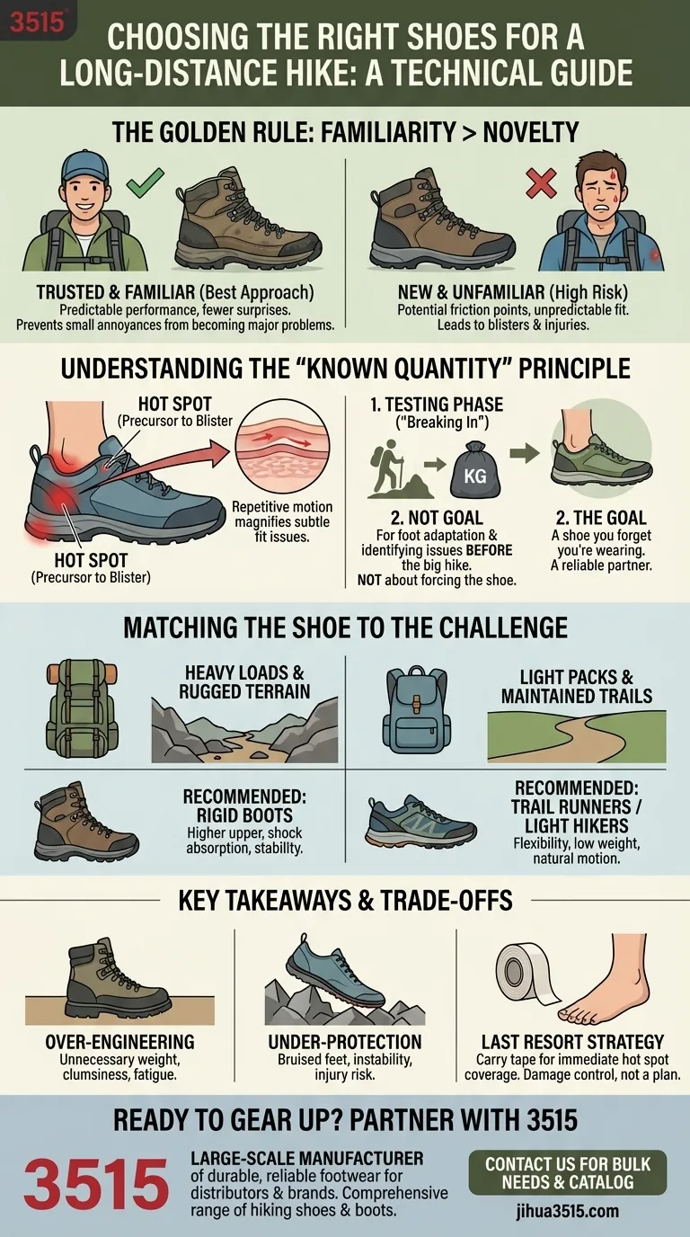 Quelle est l'approche recommandée lors de l'achat de nouvelles chaussures pour une randonnée de longue distance ? Choisir un produit éprouvé Guide Visuel