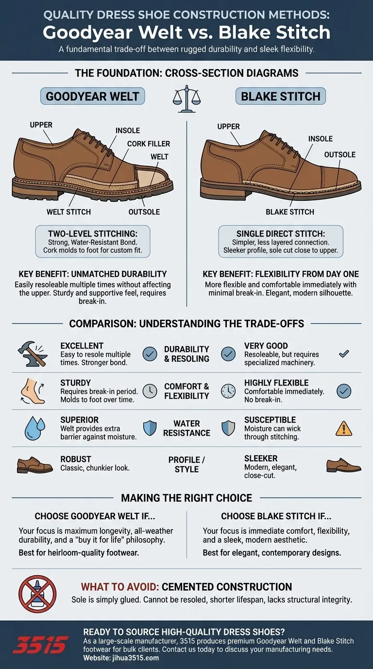 Quelles sont les méthodes de construction recommandées pour les chaussures habillées de qualité ? Goodyear Welt vs. Couture Blake expliquée Guide Visuel