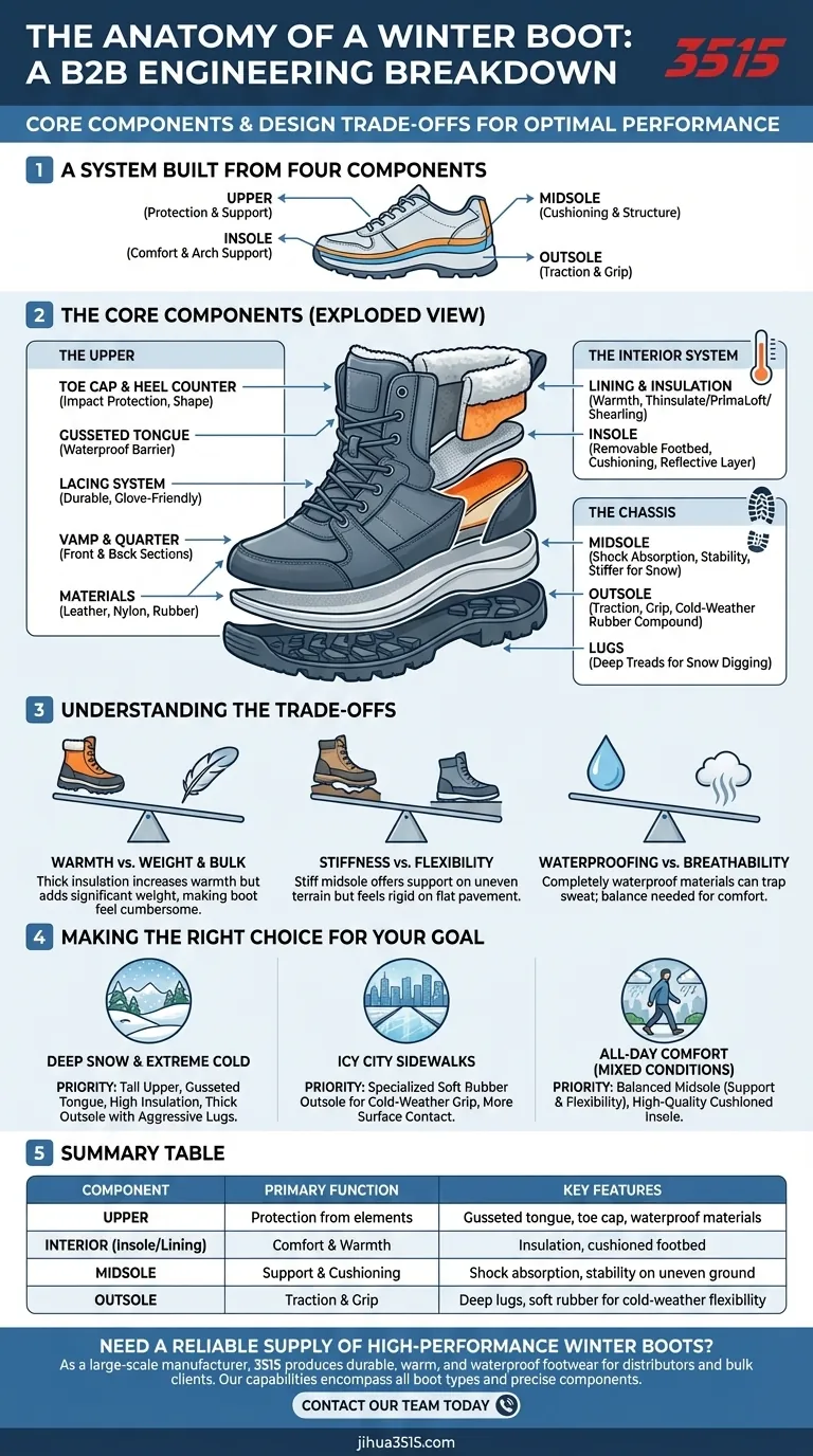 Quelles sont les parties principales d'une botte d'hiver ? Un guide sur la chaleur, la traction et la protection Guide Visuel