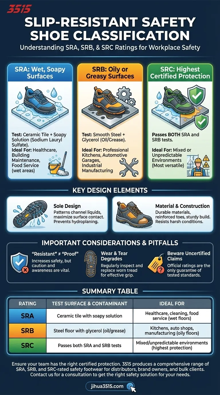 Como são classificados os sapatos de segurança antiderrapantes? Explicação das classificações SRA, SRB, SRC Guia Visual