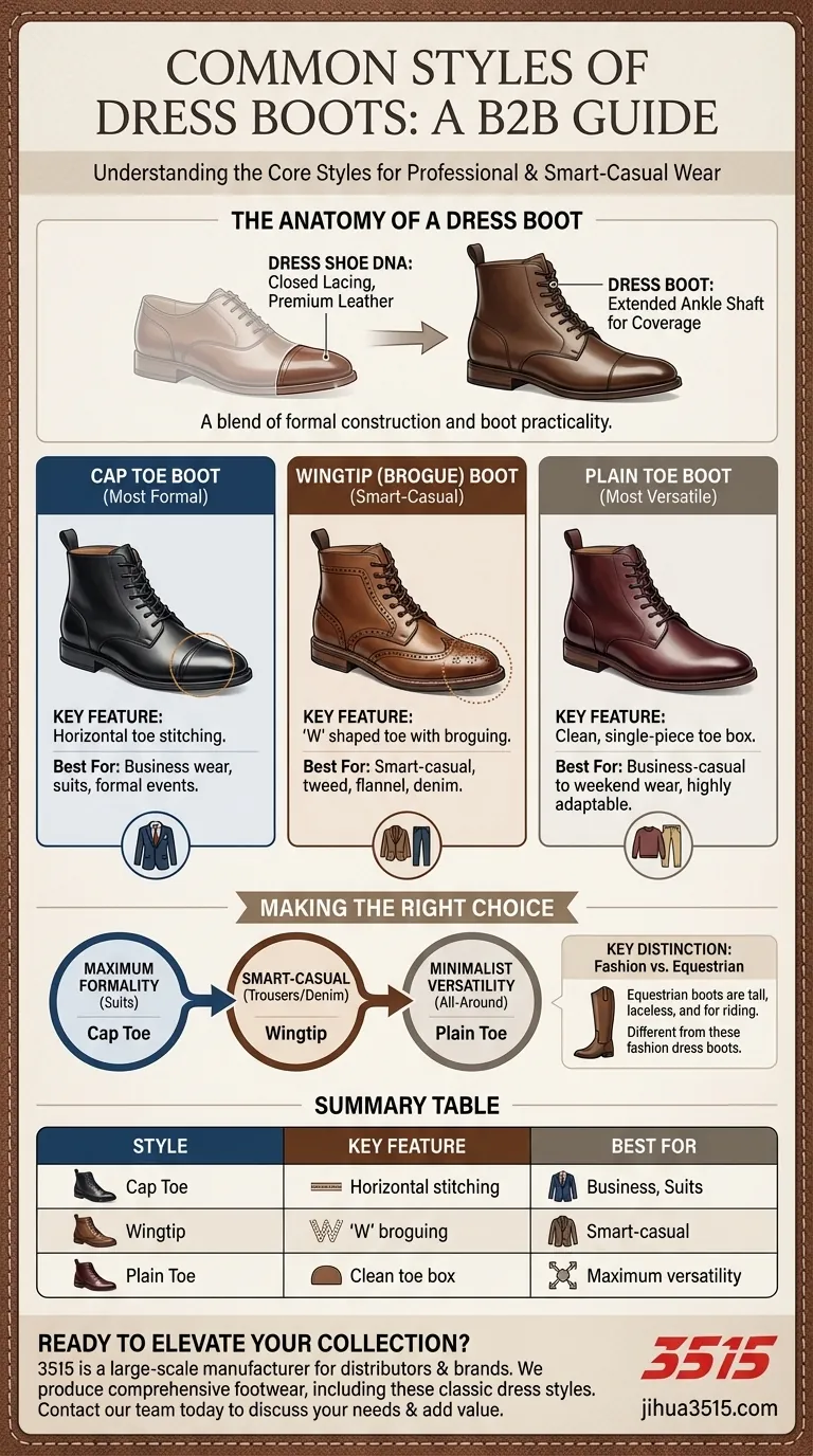 Quels sont les styles courants de bottes habillées ? De la Cap Toe à la Wingtip, trouvez votre ajustement parfait Guide Visuel