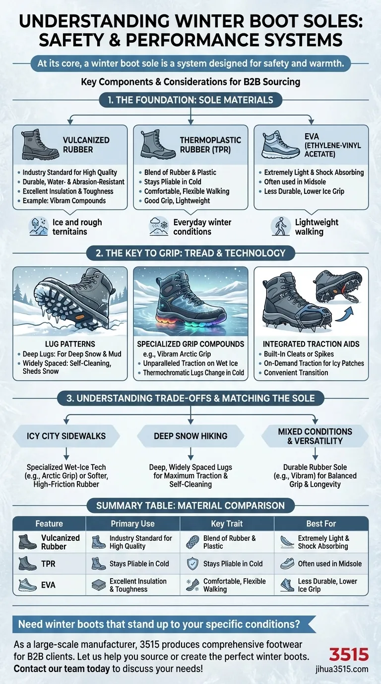 Quels sont les types de semelles courants pour les bottes d'hiver ? Trouvez l'adhérence parfaite pour votre hiver Guide Visuel