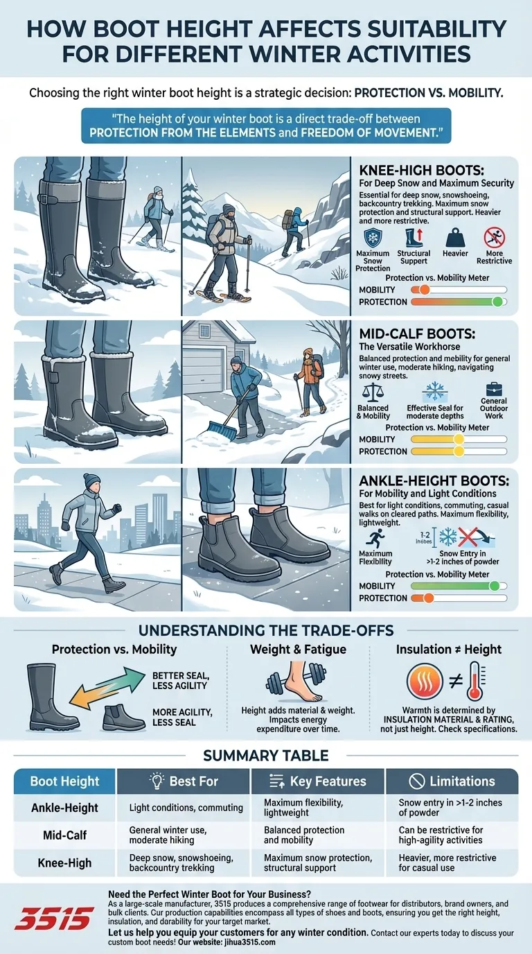Comment la hauteur de la botte affecte-t-elle l'adéquation à différentes activités hivernales ? Adaptez vos bottes à votre aventure hivernale Guide Visuel