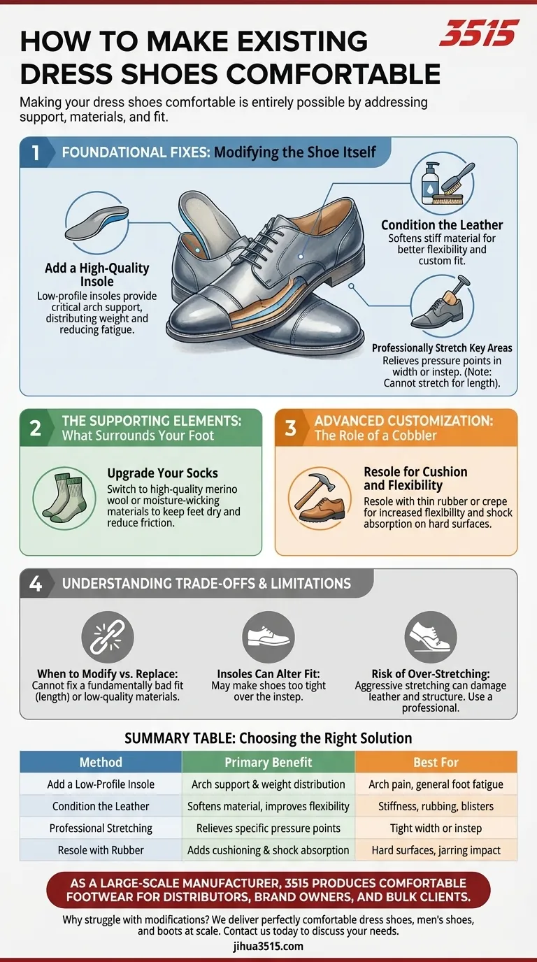 Come possono gli uomini rendere più comode le loro scarpe eleganti esistenti? Trasforma le scarpe rigide in comfort per tutto il giorno Guida Visiva