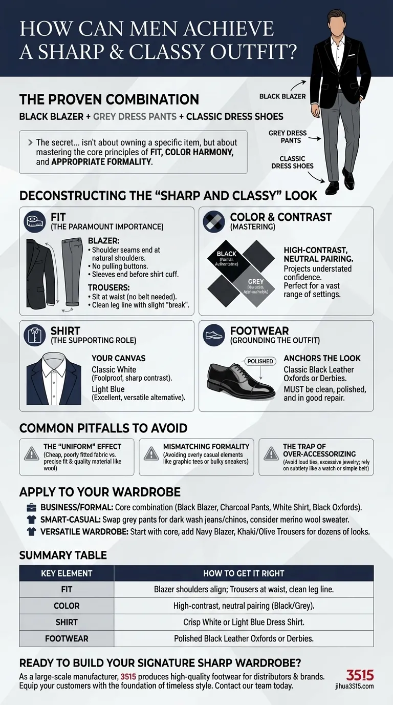 ¿Cómo pueden los hombres lograr un atuendo elegante y sofisticado? Domina la fórmula del blazer negro y los pantalones grises Guía Visual