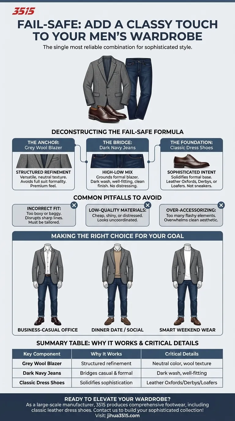 男性のワードローブにシックなタッチを加える、失敗のない方法は？ グレーのブレザーとネイビーのジーンズの組み合わせをマスターする ビジュアルガイド