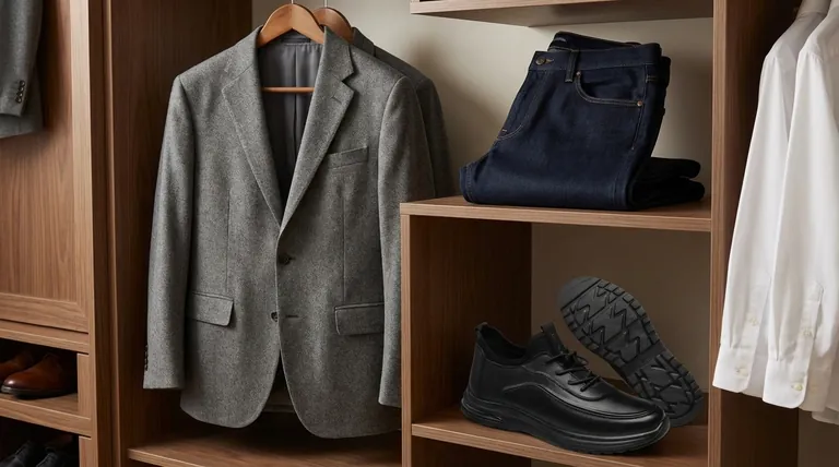 男性のワードローブにシックなタッチを加える、失敗のない方法は? グレーのブレザーとネイビーのジーンズの組み合わせをマスターする