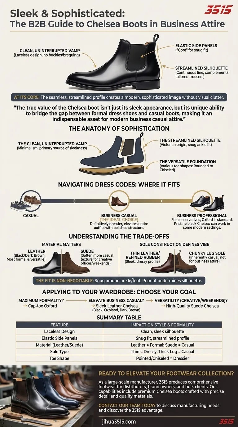 Qu'est-ce qui fait des bottines Chelsea un choix élégant et sophistiqué pour une tenue d'affaires ? Découvrez le secret d'un style soigné Guide Visuel