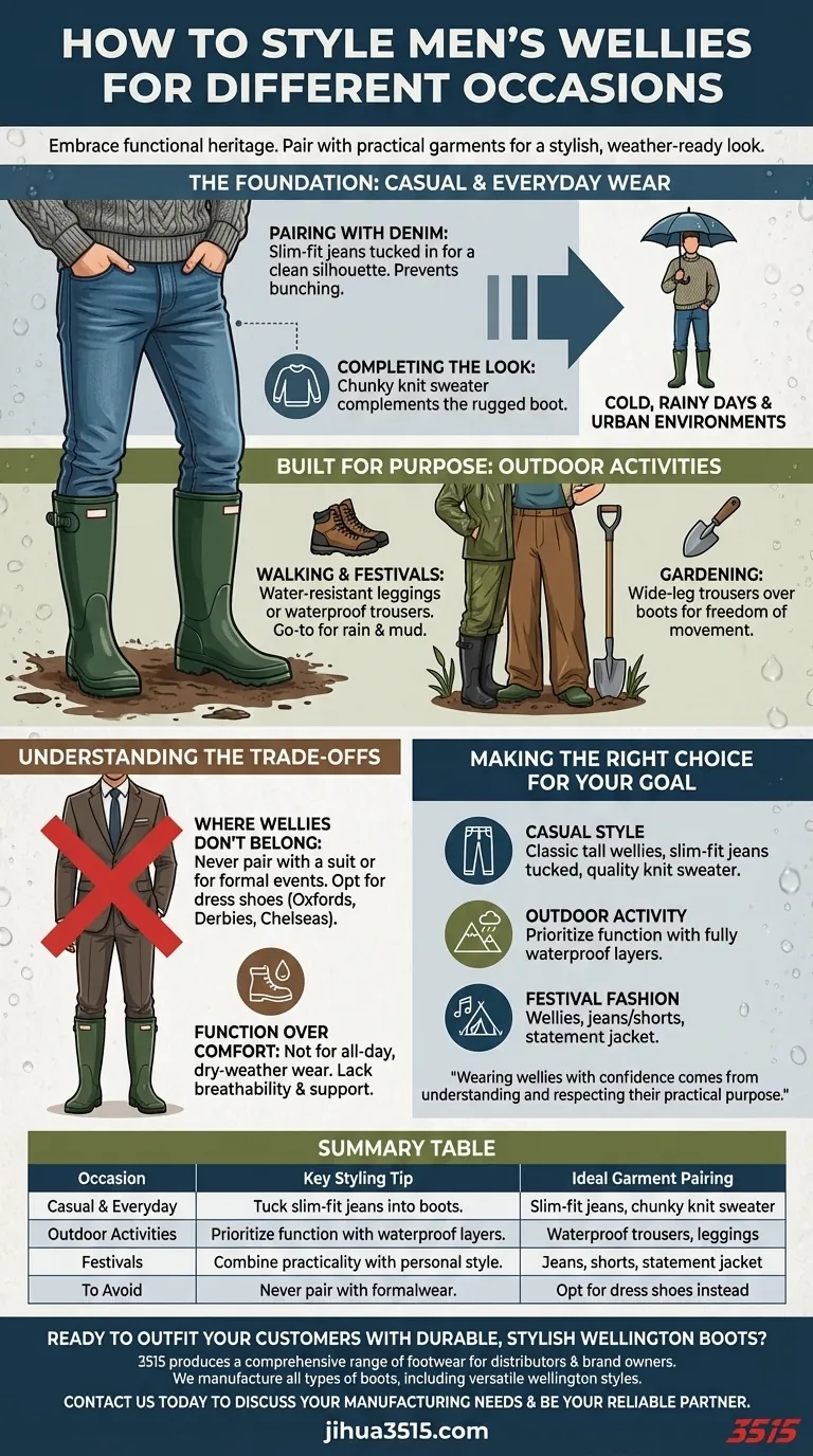 Comment styliser les bottes de pluie pour hommes pour différentes occasions ? Maîtriser les looks décontractés, d'extérieur et de festival Guide Visuel