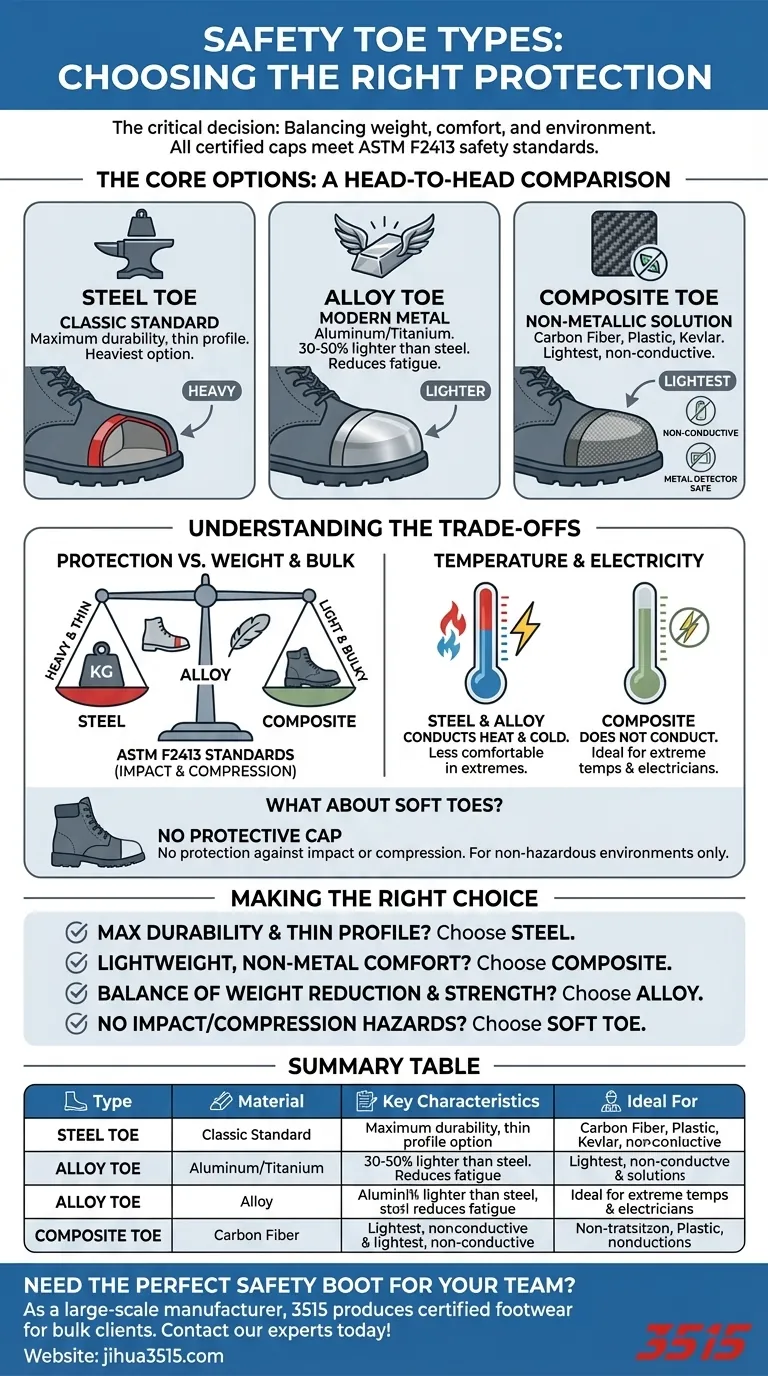 Quali sono i principali tipi di puntali di sicurezza? Una guida ai puntali in acciaio, lega e composito Guida Visiva