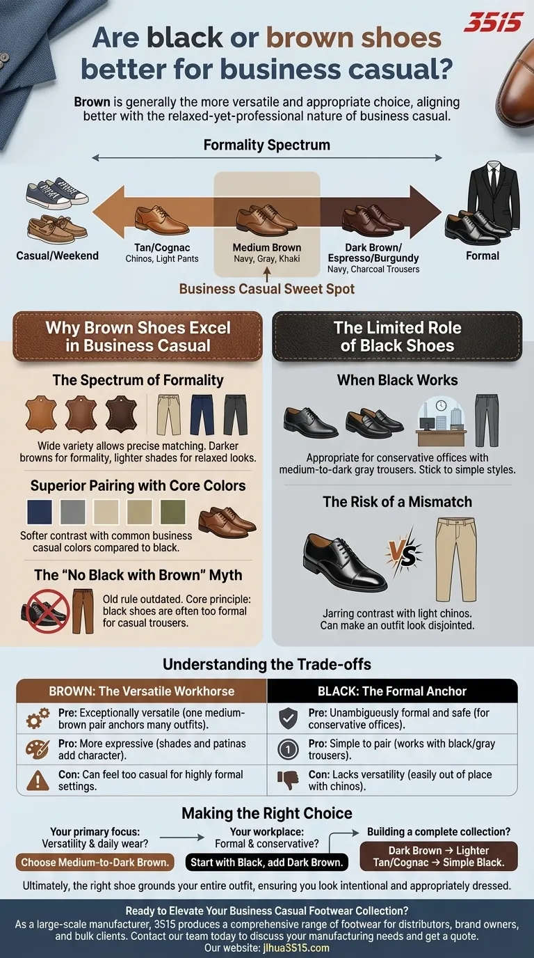 비즈니스 캐주얼에는 검은색 신발과 갈색 신발 중 어느 것이 더 좋을까요? 옷장에 맞는 다용도 선택을 마스터하세요. 시각적 가이드