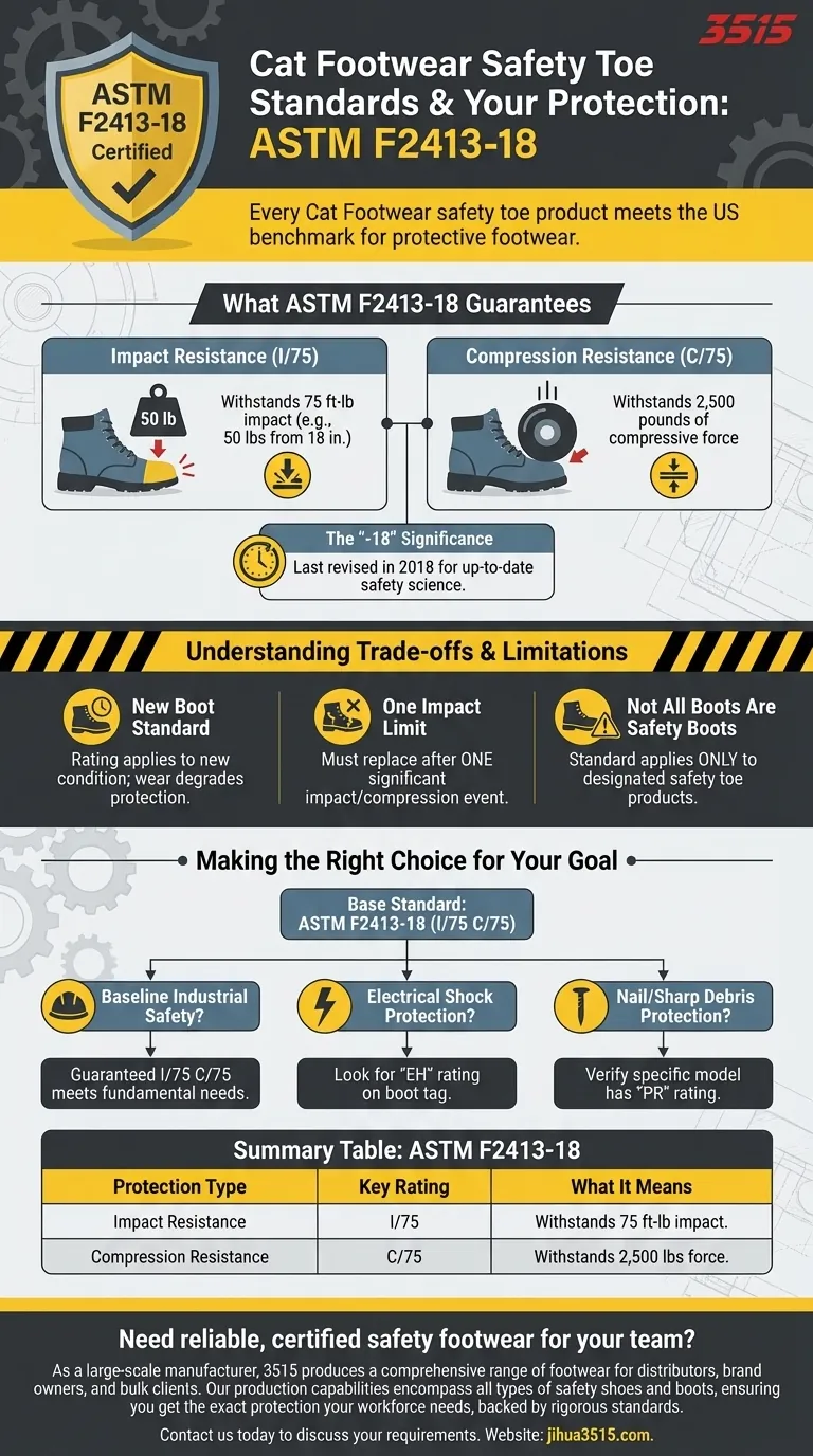 Какому стандарту безопасности соответствуют все защитные носки обуви Cat Footwear? Гарантированная защита ASTM F2413-18 Визуальное руководство