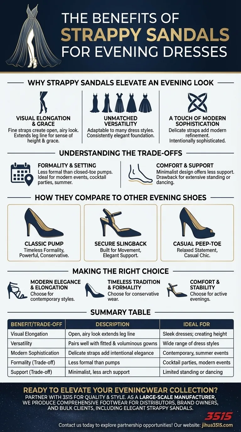 Quels sont les avantages des sandales à lanières pour les robes de soirée ? Obtenez une élégance moderne et un allongement Guide Visuel