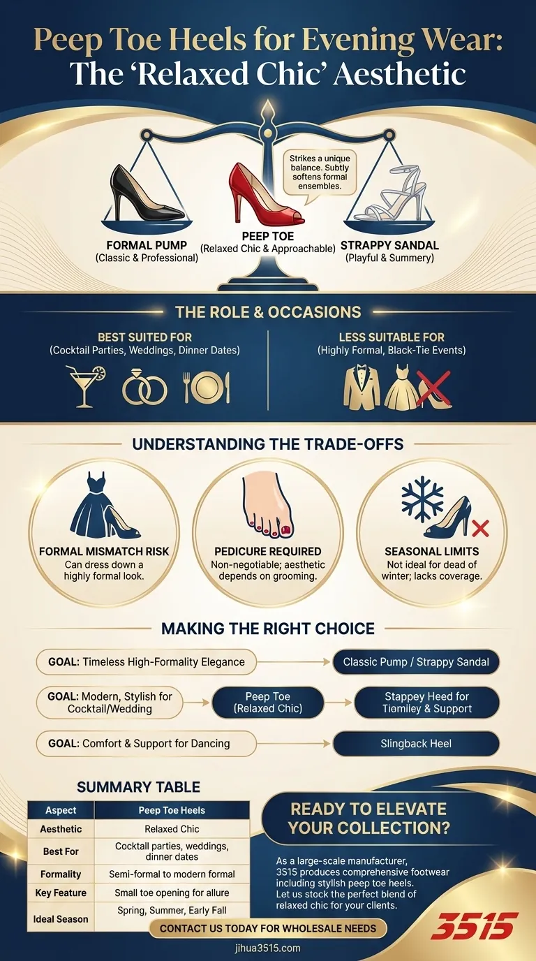 What aesthetic do peep toe heels offer for evening dresses? Achieve Relaxed Chic Style Visual Guide